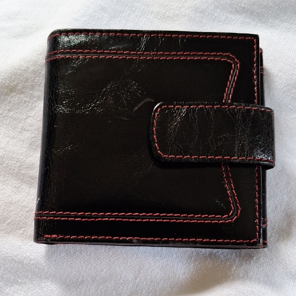 Black Leather Wallet with Red Stitching